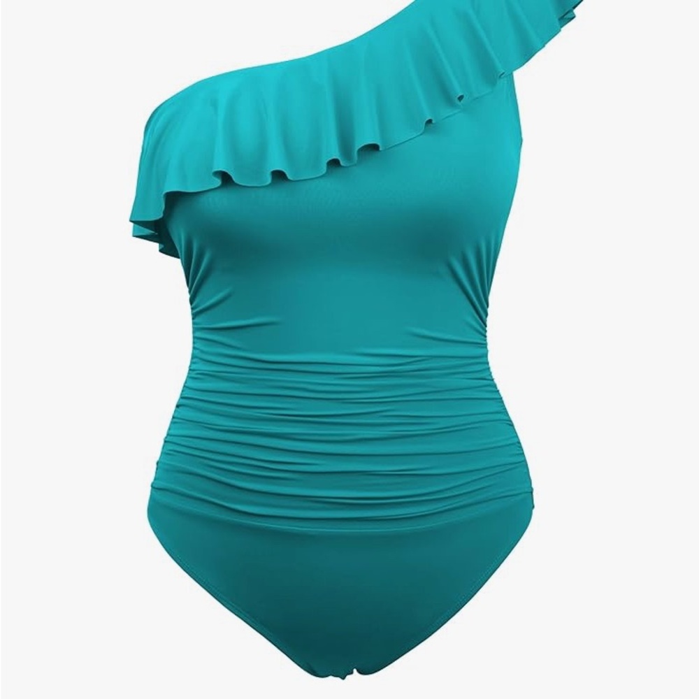 One-Shoulder Ruffle Swimsuit - Teal